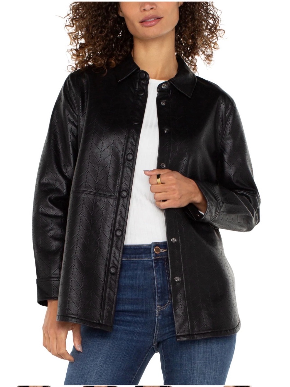 Black Faux Leather Button-Front Shirt Jacket